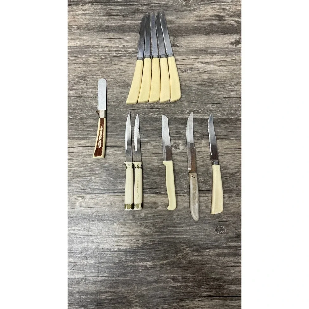 Vintage Mixed Knife Lot 11pc Korium Quikut Regent Sheffield Faux Bone Stag Style